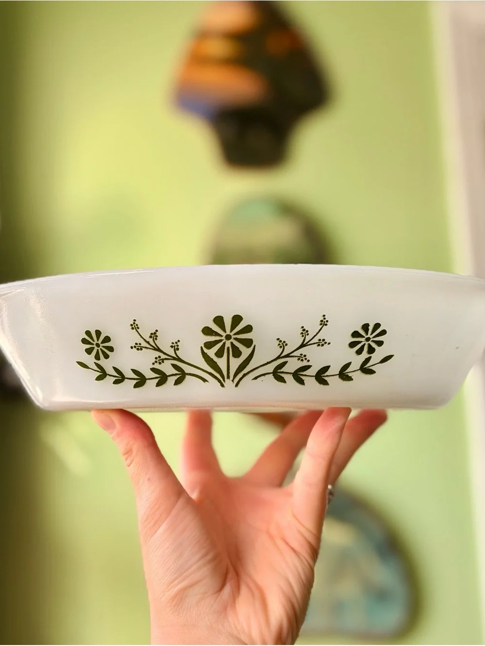 Milk Glass Green Floral Pattern Bakeware Divided Dish by Glasbake